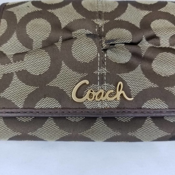 Coach Bifold Jacquard Fabric Wallet Logo CC Brown Tan Cinching - Picture 2 of 12